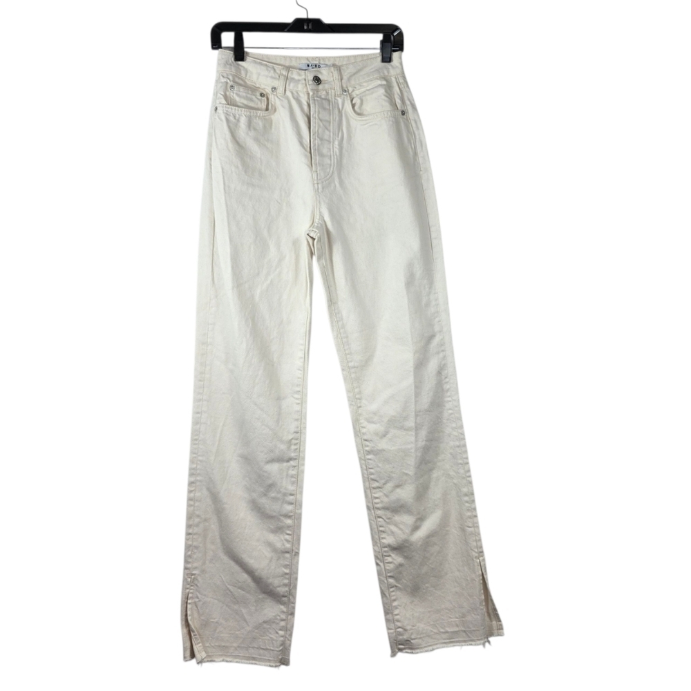 Na-Kd straight leg high rise  Denim Jeans with side slit and raw edge